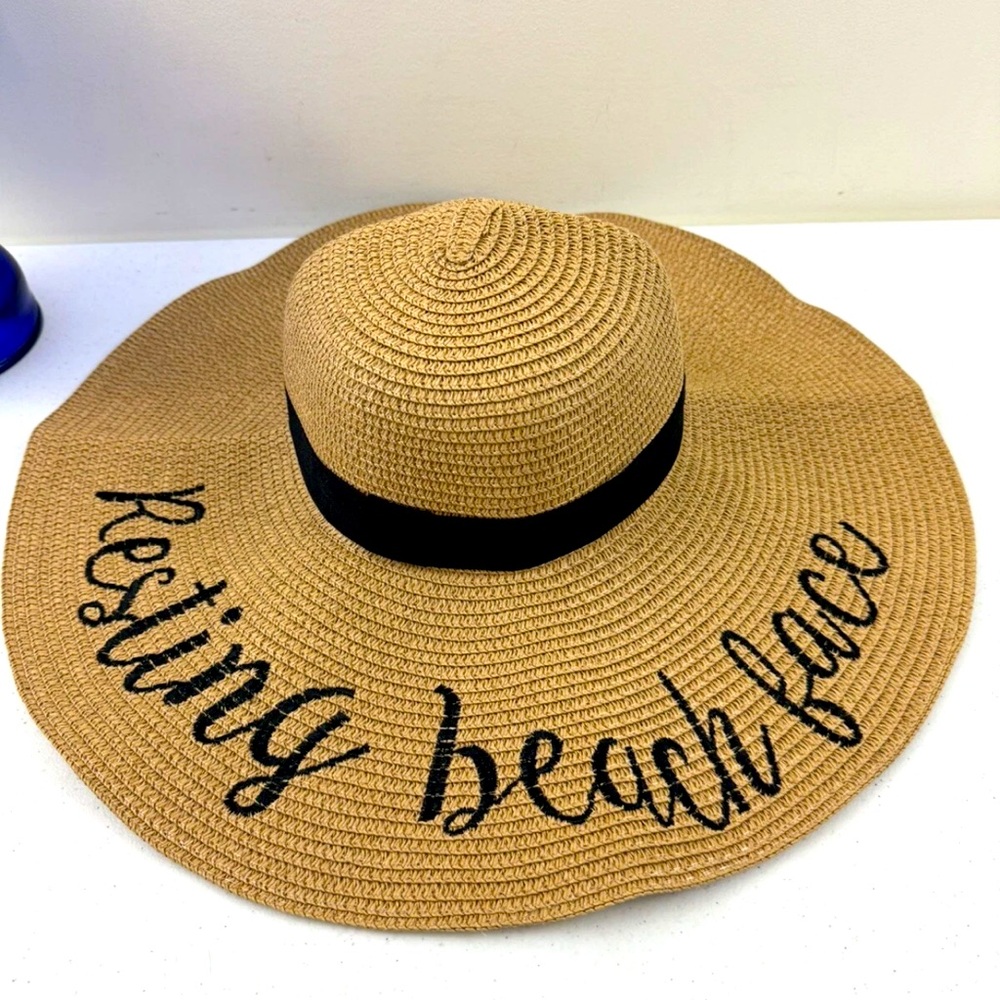 NWT Resting Beach Face Floppy Oversized Straw Sun Hat Black Ribbon Embroidery